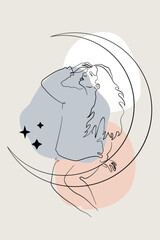 Card or poster with one single line drawing of female face and abstract shapes. Monochrome celestial minimalist portrait. Modern trendy fashion sketch of woman figure and moon