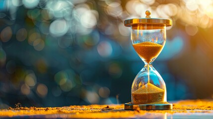 An hourglass with sand running through its narrow center, counting down time against a blurred background. Generative AI