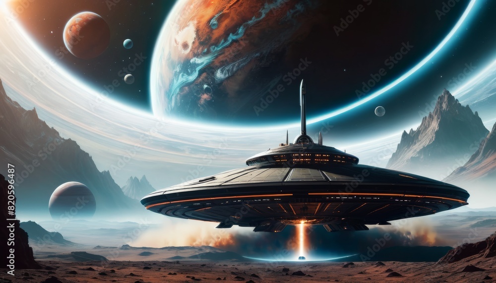 Poster an imaginative depiction of a space station orbiting in a foreign planetary system with spectacular 
