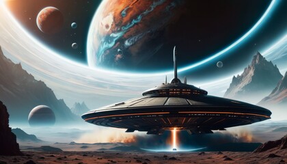 An imaginative depiction of a space station orbiting in a foreign planetary system with spectacular celestial views.. AI Generation