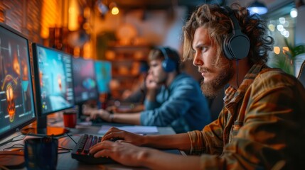 Obraz premium Focused gamers playing online multiplayer video game at a computer gaming center with immersive lighting and high-end equipment.