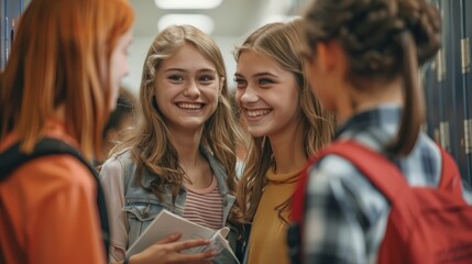 Group of happy students chatting in the school hallway near lockers, holding books and smiling.