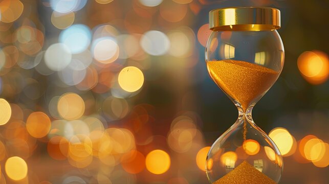Hourglass with golden sand falling through, counting down time on a blurred background. Generative AI