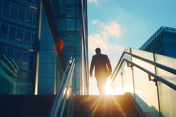 Businessman ascending stairs at sunset between glass buildings