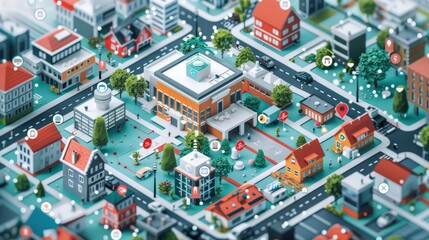 Isometric cityscape of a miniature town with buildings, roads, and various landmarks, emphasizing urban planning and architectural details.