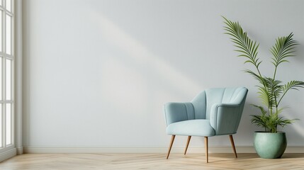 Blank wall home room interior with light blue chair