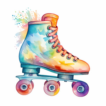 recommend clip art: Rollers isolated on a white background. Colorful watercolor footwear in 80s style. Roller skate illustration. Activity sport element for your design.