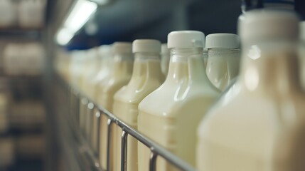 a row of milk bottles sitting on a shelf in a store