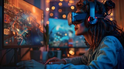 Fototapeta premium Person immersed in virtual reality gaming experience, wearing VR headset, using computer in a colorful, illuminated room.