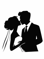 Black and white icon of couple at wedding. Symbol of romantic romance. Romantic card of the groom and the bride. 