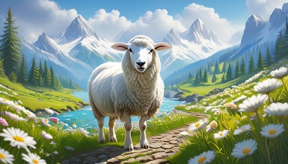 A Sheep stands on a grassy path, and a clear blue river, with a backdrop of mountains and clear sky