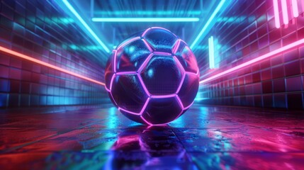 Panoramic 3D Rendering of Futuristic Neon Style Soccer Ball