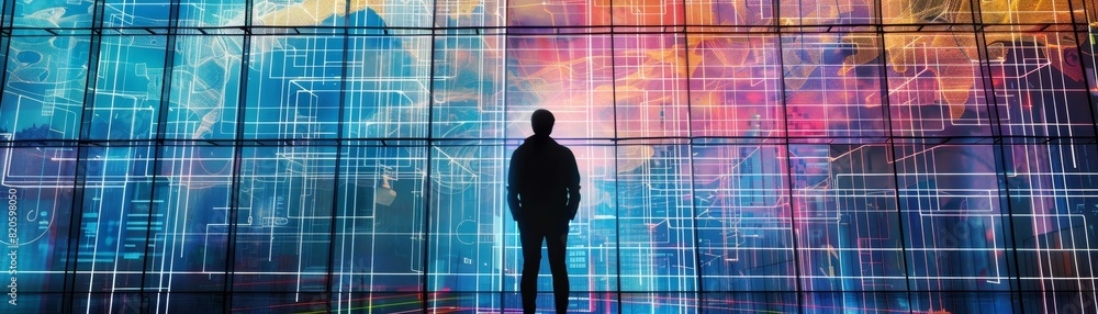Poster silhouette of a person in front of a large digital screen with abstract data visuals, representing t
