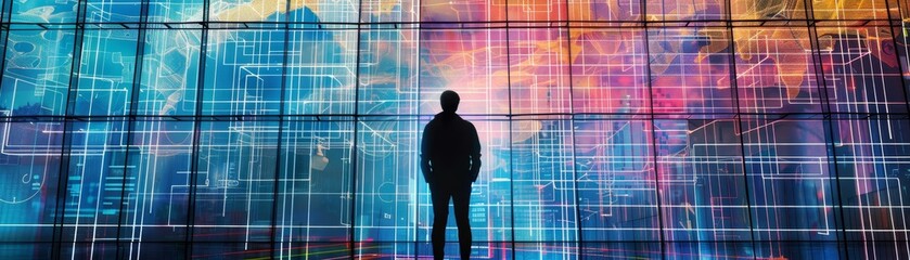 Silhouette of a person in front of a large digital screen with abstract data visuals, representing technology and big data concepts.