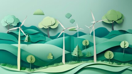 Paper art , renewable energy with green energy as wind turbines , Renewable energy by 2050 Carbon neutral energy , Energy consumption and CO2, Reduce CO2 emission concept