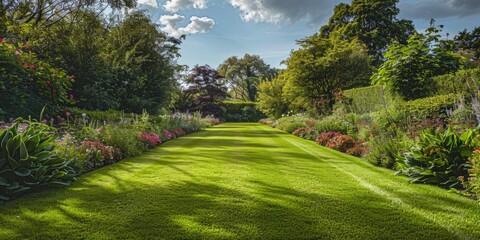 Obraz premium English style garden with scenic view of freshly mowed lawn flower bed and leafy trees illustration