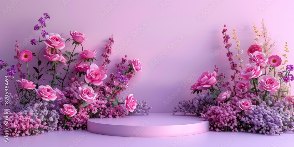 Wall mural Podium background flower rose product pink spring table beauty stand display nature white. Garden rose floral summer background podium cosmetic valentine easter field scene gift purple day romantic