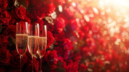 Fototapeta premium Three champagne glasses in front of a vibrant red rose backdrop illuminated by warm sunlight, creating a romantic and celebratory atmosphere.