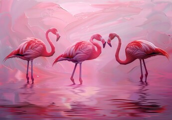 Three flamingos painted by generative AI.