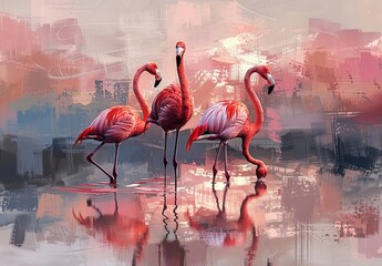 Three flamingos painted by generative AI.