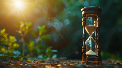 An hourglass sits atop a leaf-covered ground, counting down time as the sand slowly trickles through. Generative AI