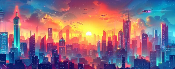 A futuristic cityscape rising towards the sky, with gleaming skyscrapers and flying vehicles soaring amidst the urban sprawl.   illustration.
