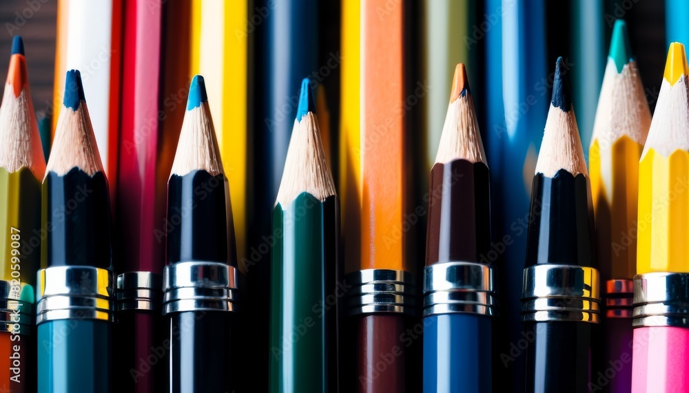 Poster a vibrant display of sharpened pencils with a focus on their tips, showcasing a spectrum of colors a