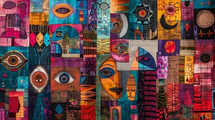 Fototapeta premium Vibrant abstract artwork with various colorful patterns, shapes, and designs. Features eye motifs, geometric forms, and rich textures.