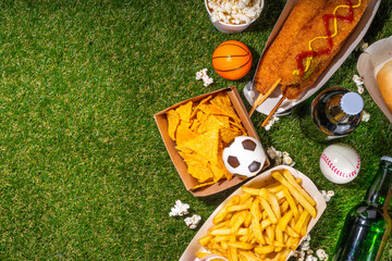 Traditional sport stadium foods and beer background