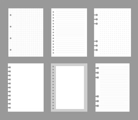 Set of notebook sheets isolated on gray background. Realistic white blanks of checkered, lined and dots paper. Different vertical pages from diary. Vector template.