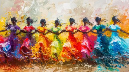 Fototapeta premium Vibrant abstract painting of women dancing in colorful dresses, celebrating unity and culture with dynamic brushstrokes.