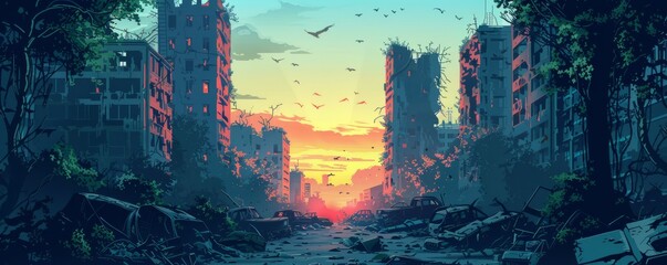 A post-apocalyptic city reclaimed by nature, with vines creeping up the sides of crumbling skyscrapers and wildlife roaming the streets.   illustration.