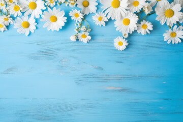 spring border of flowers and daisies on wooden background on blue.