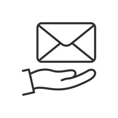 Receive mail, linear icon. Envelope with letter and hand. Line with editable stroke