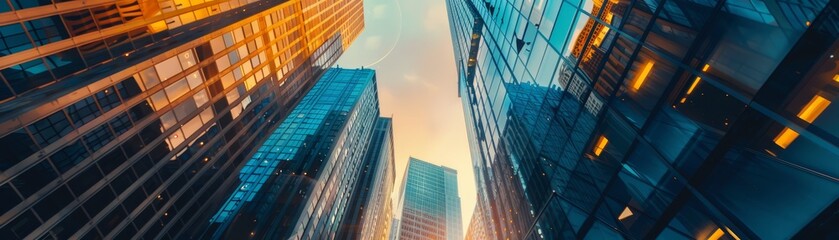 Vibrant cityscape photo of skyscrapers during twilight. Modern urban architecture and dynamic colors depicting the hustle of city life.
