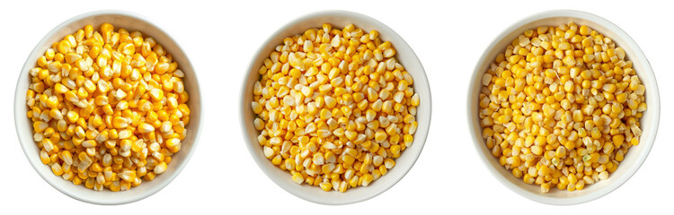 Kernels, wooden bowl, isolated, top view, PNG set