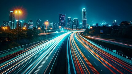 Obraz premium Vibrant cityscape at night with bright light trails from moving vehicles on a highway, emphasizing urban life and fast-paced living.