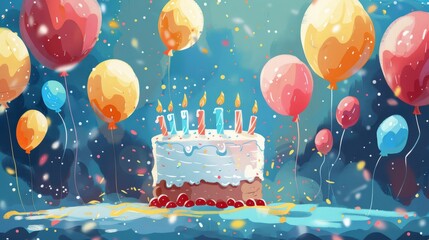 Vibrant illustration of a birthday celebration with colorful balloons, a cake with candles, in a festive and joyful atmosphere.