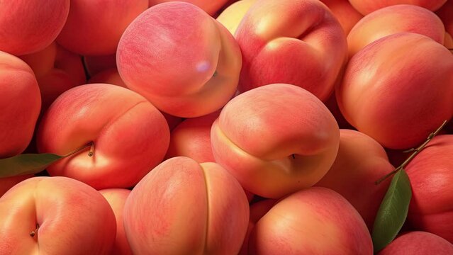 Peachs background tile. Peachs in the market. Peachs pattern background. Fresh Peachs fruit with drops tiles video. Fruit wallpaper. Fruits background. 4K Videos