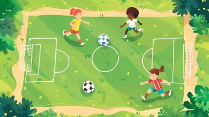 Obraz premium Three children are playing soccer on a field