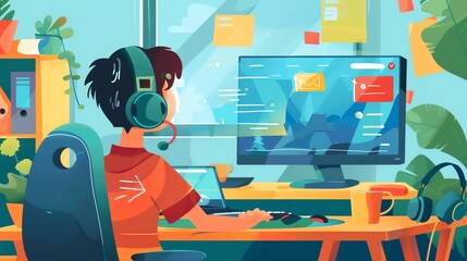 A young man sits at his desk, wearing headphones and looking at his computer screen. He is surrounded by plants, sticky notes, and other office supplies.