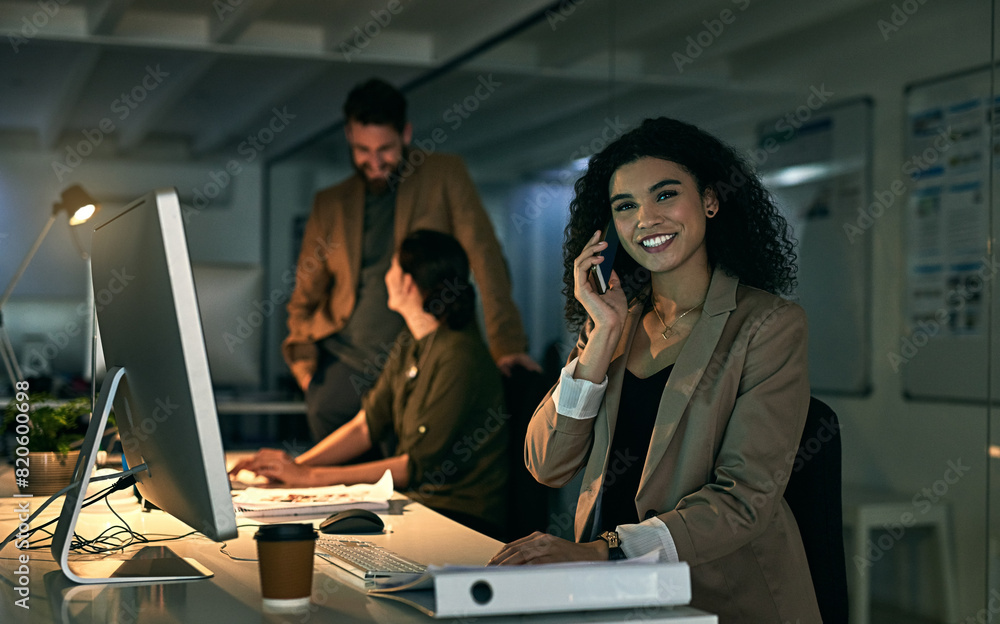 Poster Business woman, phone call and computer portrait with coworking office and networking with smile. Happy, tech and mobile communication for web consultation at night with company employee and worker