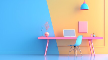 A minimal render of a blue and yellow room. There is a pink desk with a laptop, lamp, vase, and picture frame on it. There is a blue chair behind the desk. The floor is white.
