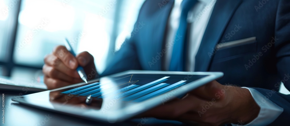 Poster A businessman expertise in business and financial analysis, using a tablet in a modern office. Showing data analysis skills and proficiency in using technology for financial tasks