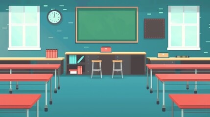 Create a detailed illustration of a classroom. Include a chalkboard, kitaabeN, desks, and chairs. The desks should be arranged in rows facing the chalkboard.