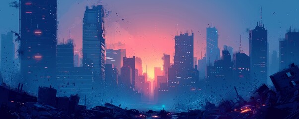 A post-apocalyptic cityscape engulfed in the eerie glow of bioluminescent fungi, with dilapidated skyscrapers and crumbling streets overrun by nature's reclaiming embrace.   illustration.