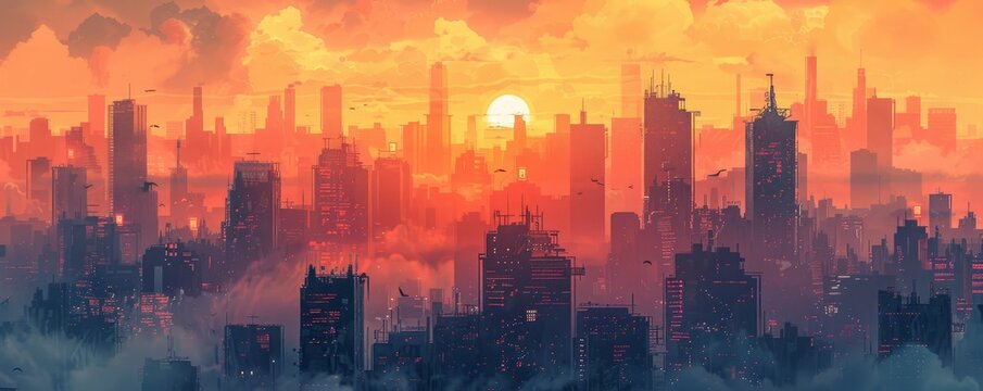 A dystopian cityscape dominated by towering skyscrapers and smog-filled skies, where the remnants of humanity struggle to survive amidst the urban decay.   illustration.