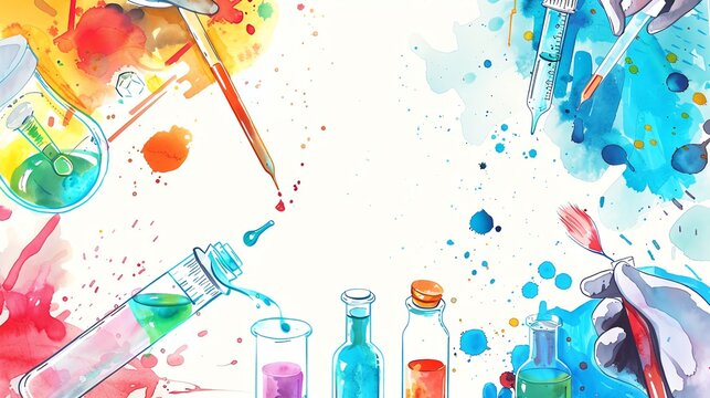 An illustration of a scientist in a lab coat conducting an experiment, surrounded by beakers, test tubes, and other lab equipment. The image is in a watercolor style.