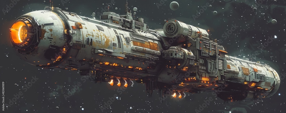 Poster an abandoned space station drifting through the void of space, its rusting hull and flickering light