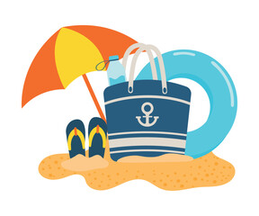 Fototapeta premium Beach bag on the sand with elements of relaxation on the sea, ocean. Swimming ring and a flip flop
